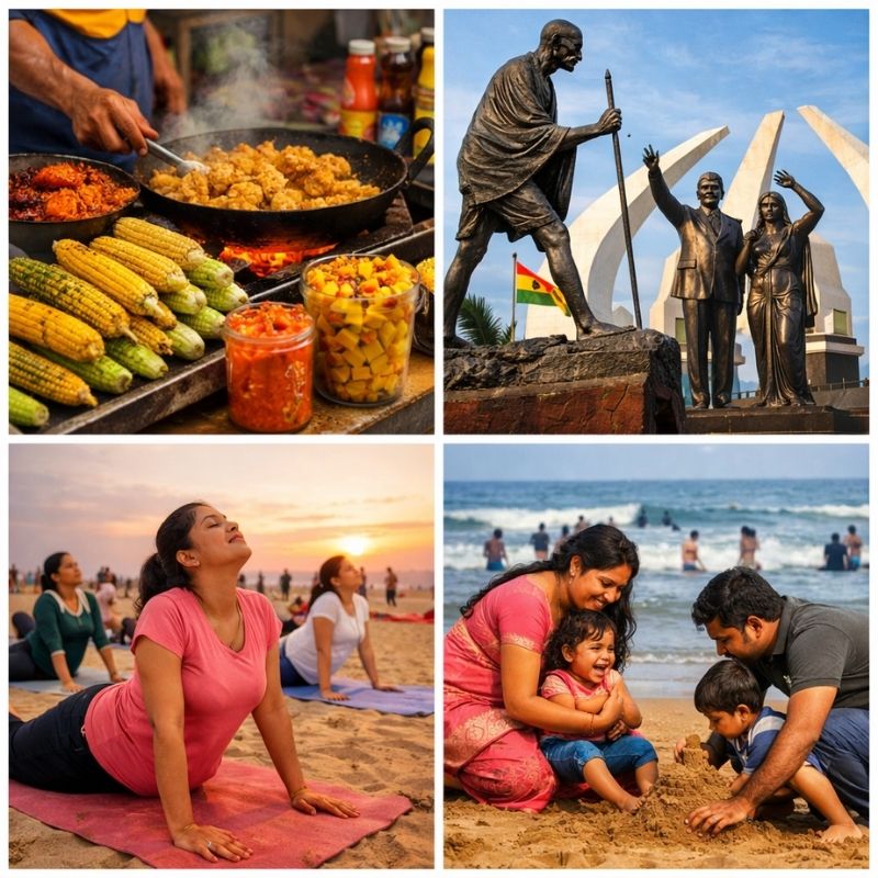 A close-up collage capturing Marina Beach's vibrant culture—street food vendors, iconic memorial statues, morning yoga practitioners, and families enjoying the seaside atmosphere in Chennai