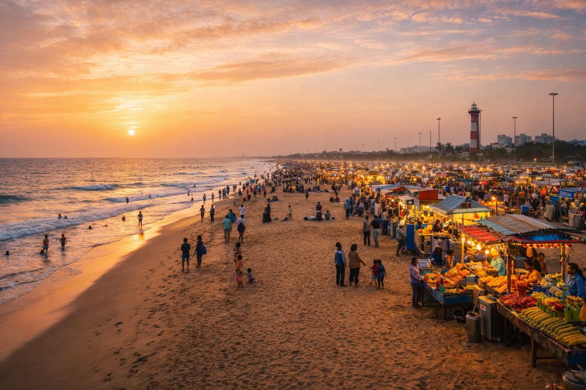 A panoramic golden-hour view of Marina Beach showcasing its vast shoreline, scattered visitors, a distant lighthouse, and vibrant food stalls lining the coast in Chennai