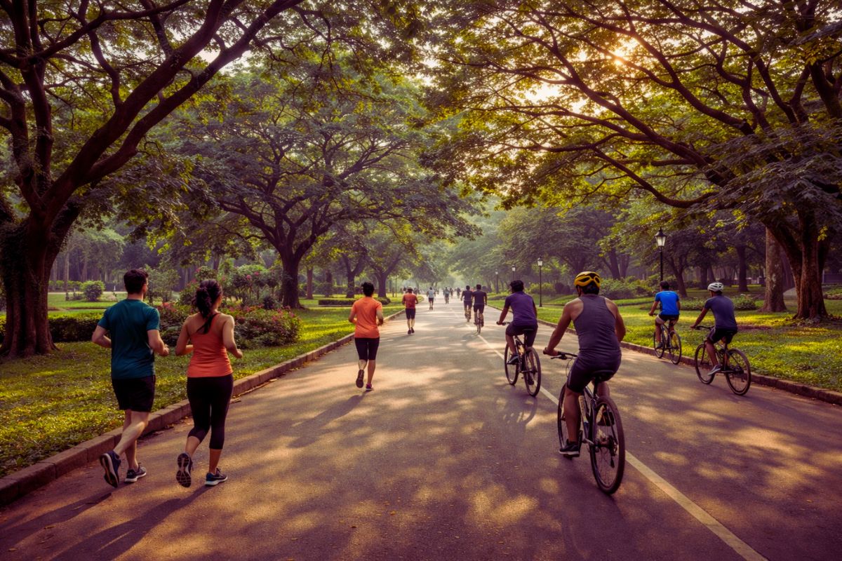 Panoramic view of Cubbon Park with joggers and cyclists under lush green trees in Bangalore