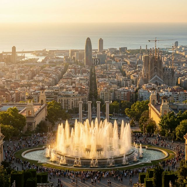 Panoramic sunset view from Montjuïc, ideal for a self guided walking tour in barcelona