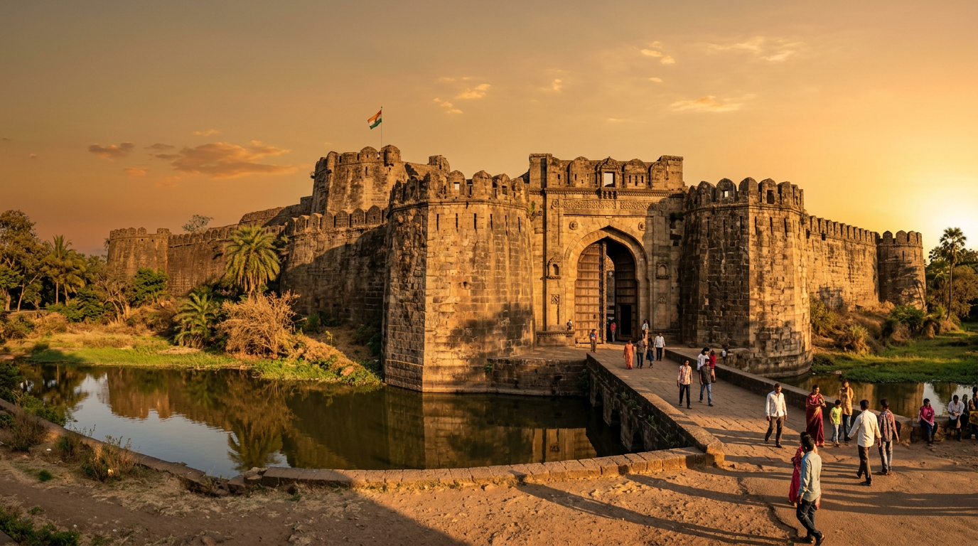 Belagavi Fort built in the 12th century by the Ratta Dynasty at golden hour with fort walls and moat visible