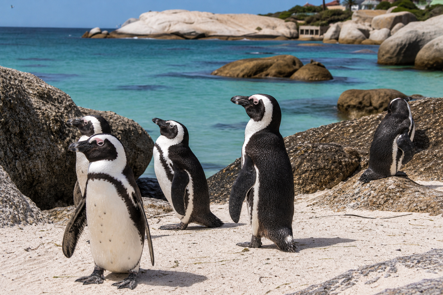 Ground-level photograph at Boulders Beach showing African penguins on sand and rocks with the rocky coastline and turquoise water in the background