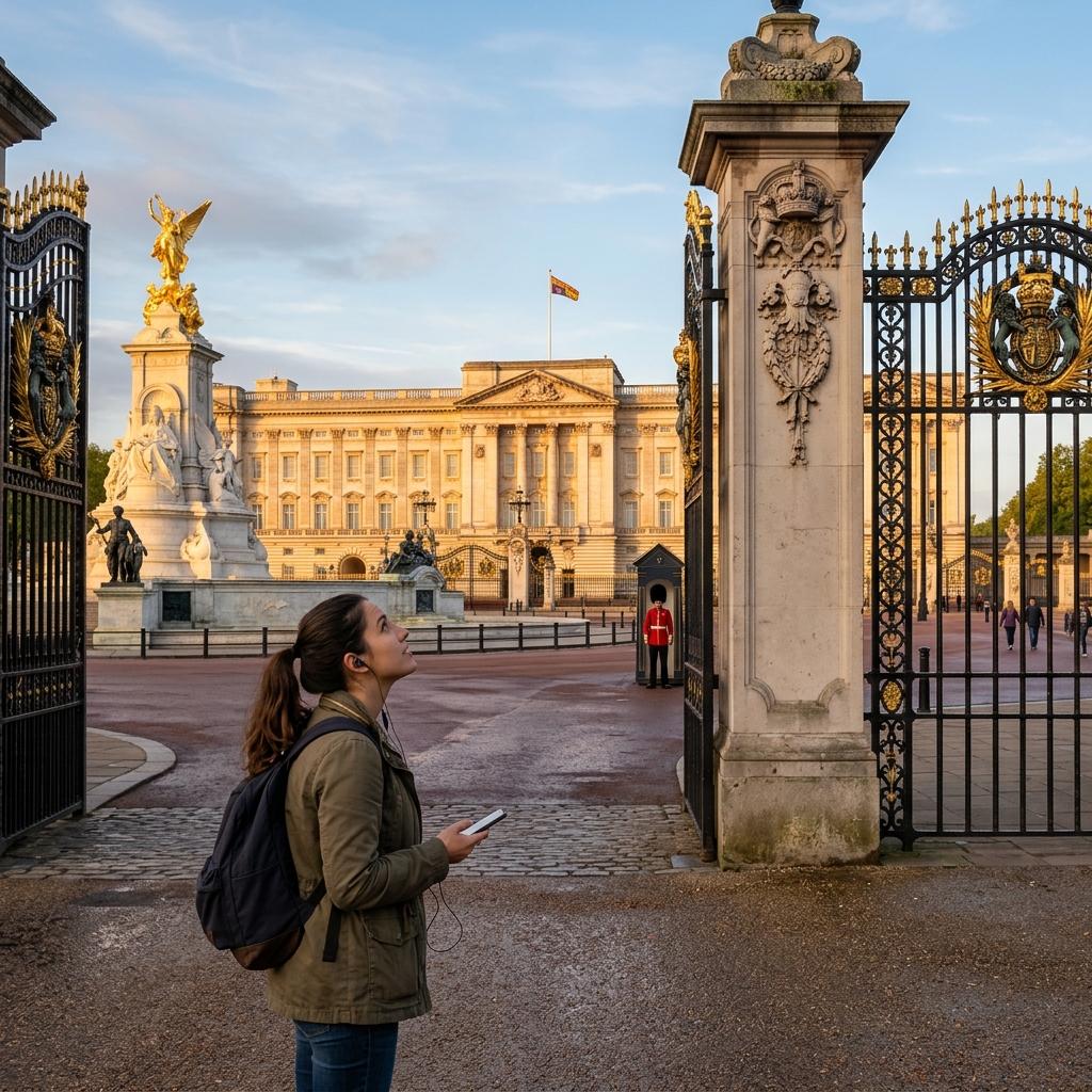 A morning shot of Buckingham Palace gates with soft golden light and a lone visitor listening to earphones looking up at the facade during a London self guided audio tour