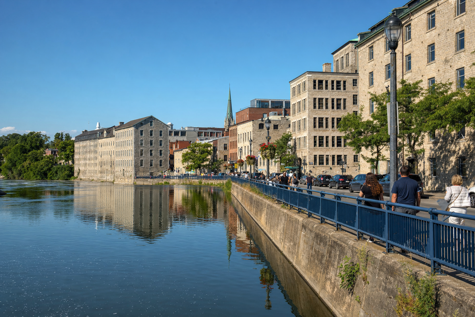 Wide view of Cambridge Galt downtown historic limestone buildings along the Grand River on a sunny afternoon with pedestrians on the main street