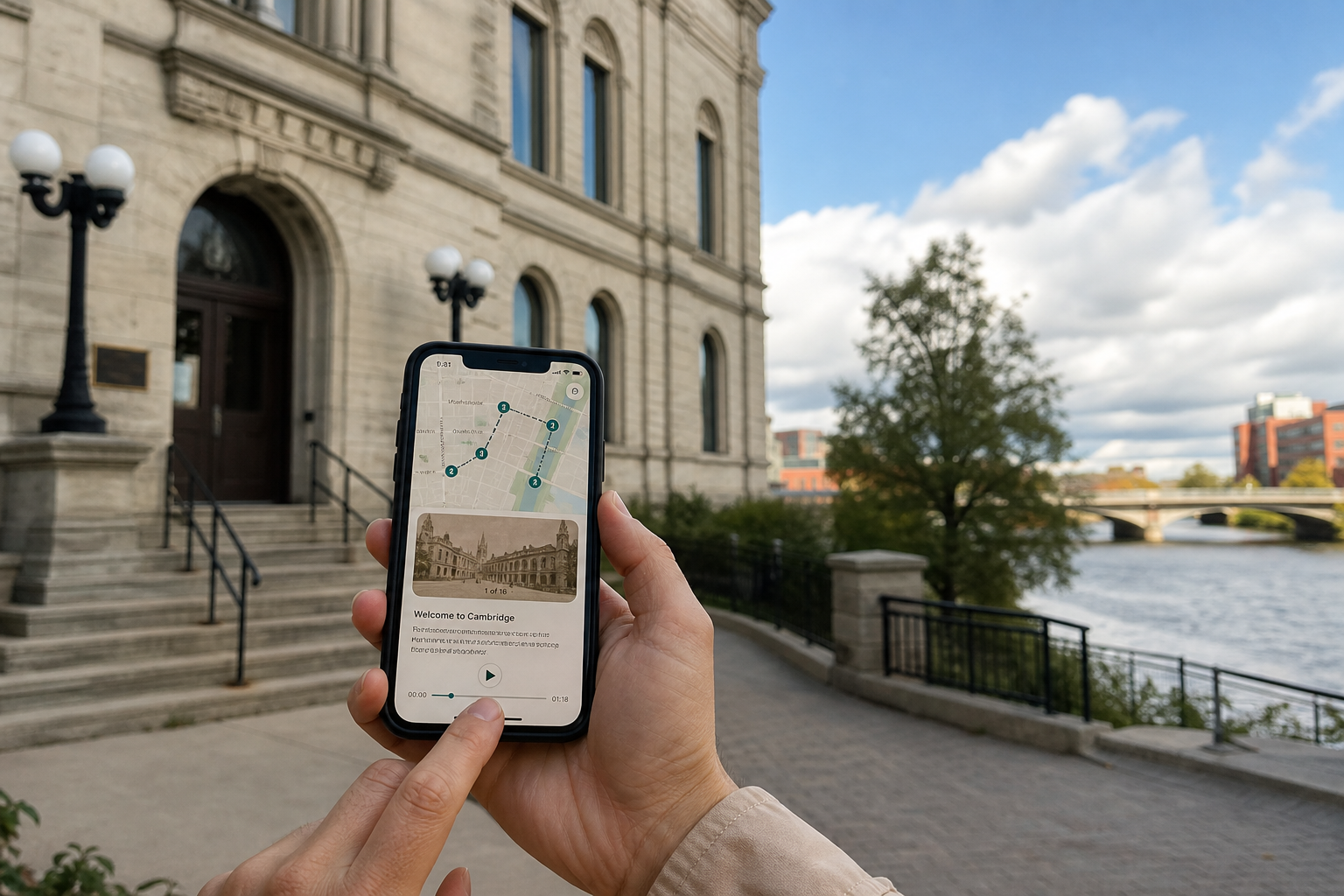 Traveller holding a smartphone with a walking tour audio guide app in front of a historic stone building in Cambridge Ontario with the Grand River in the background