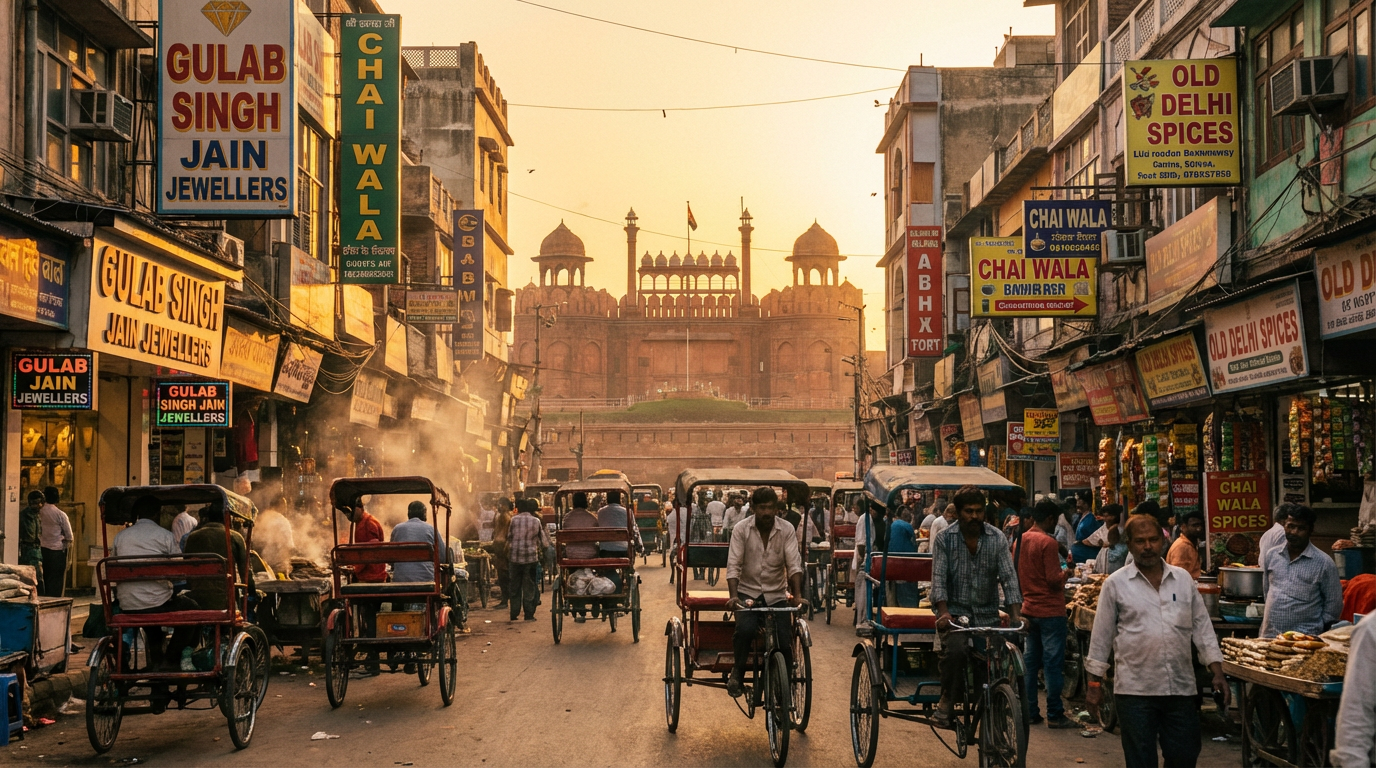 A wide-angle street-level photograph of Chandni Chowk at golden hour showing the iconic street with the Red Fort visible in the background and cycle rickshaws in the foreground