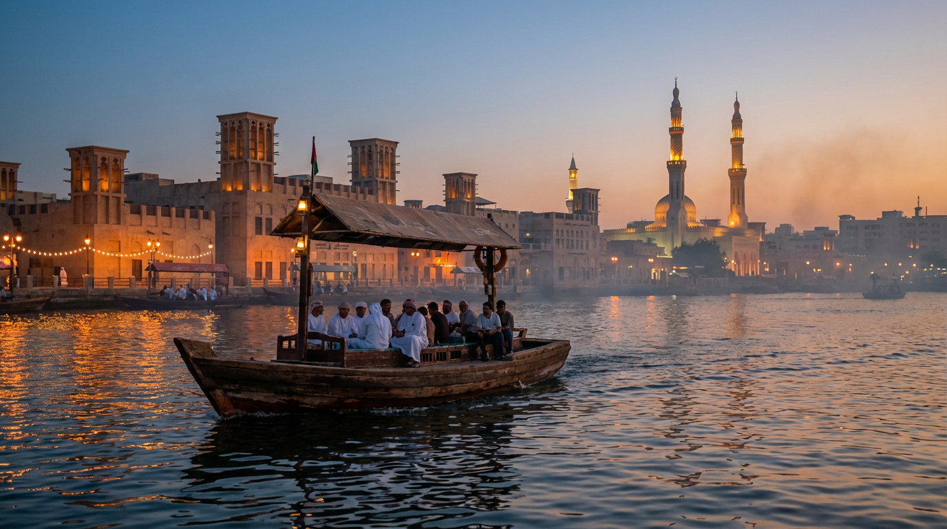 A traditional abra boat crossing Dubai Creek at dusk with Old Dubai skyline and mosque minarets in soft evening light