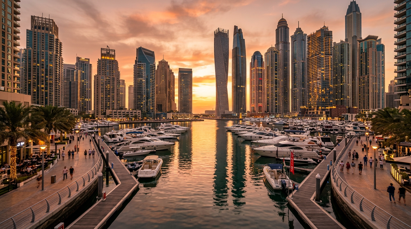 A golden-hour view of Dubai Marina Walk with canal reflections, moored yachts, and illuminated high-rise towers