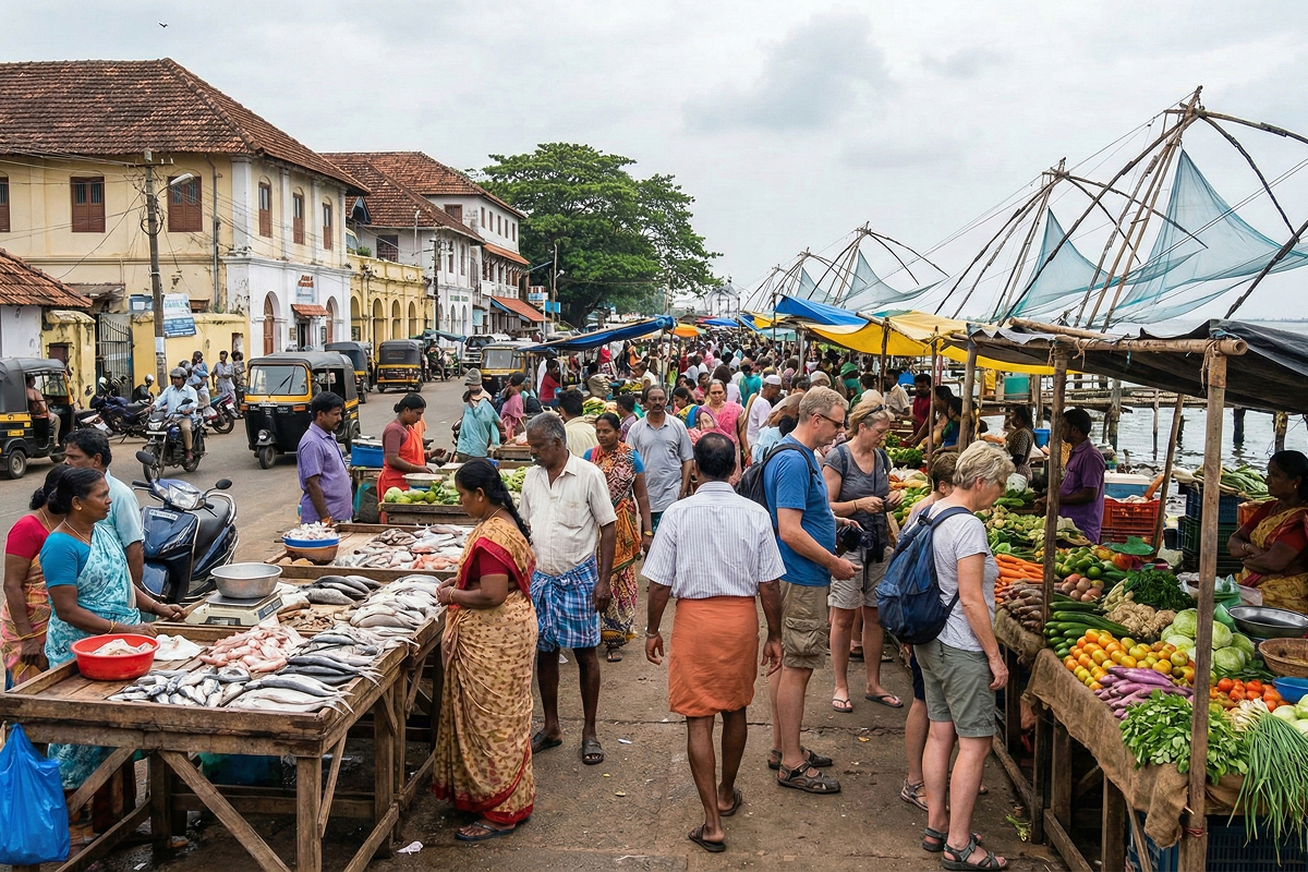 Bustling Fort Kochi fish and vegetable market with local vendors, tourists, colonial buildings, and Chinese fishing nets visible in the background
