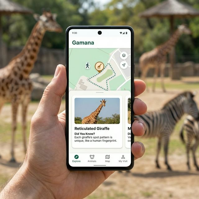 Gamana app interface showing a GPS map with audio tour points
