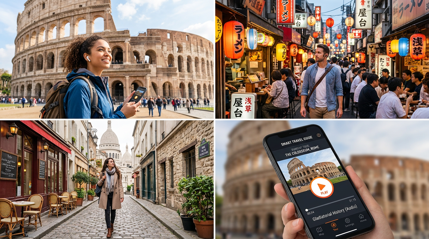 A vibrant collage showing four scenes of global travel experiences through a smart audio guide app including a Roman ruin a Tokyo food market a Paris alley and a phone showing a personalised audio tour