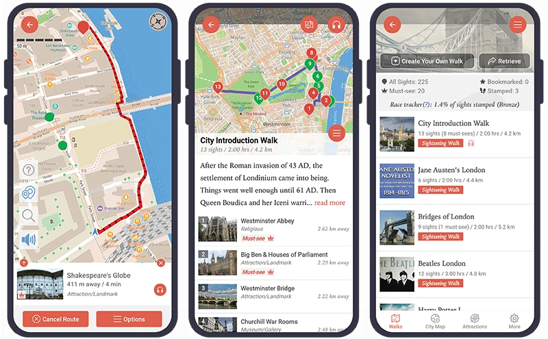 GPSmyCity app interface showing self-guided walking tours