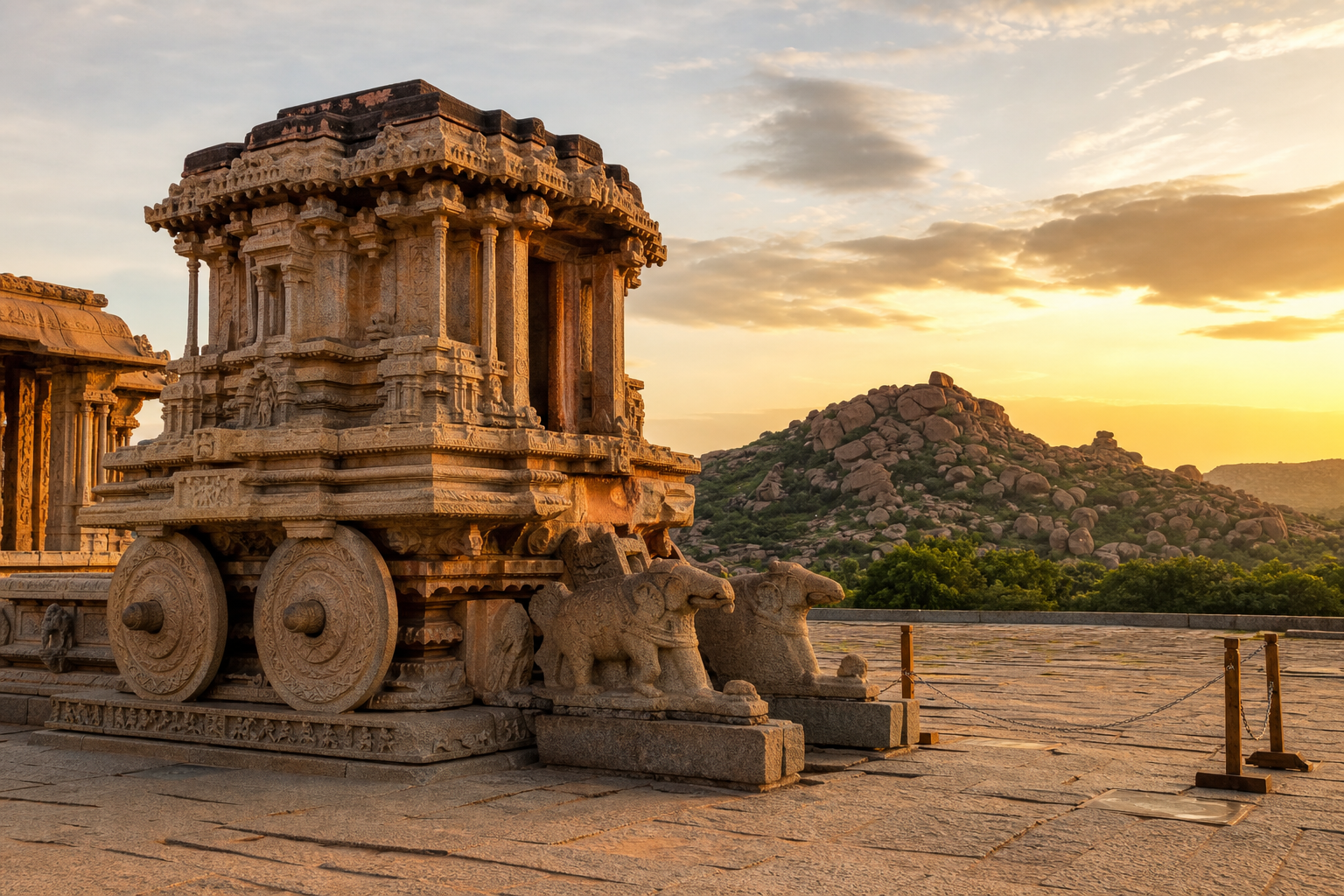Wide-angle photograph of the Vittala Temple stone chariot at golden hour in Hampi with the boulder-strewn landscape visible in the background