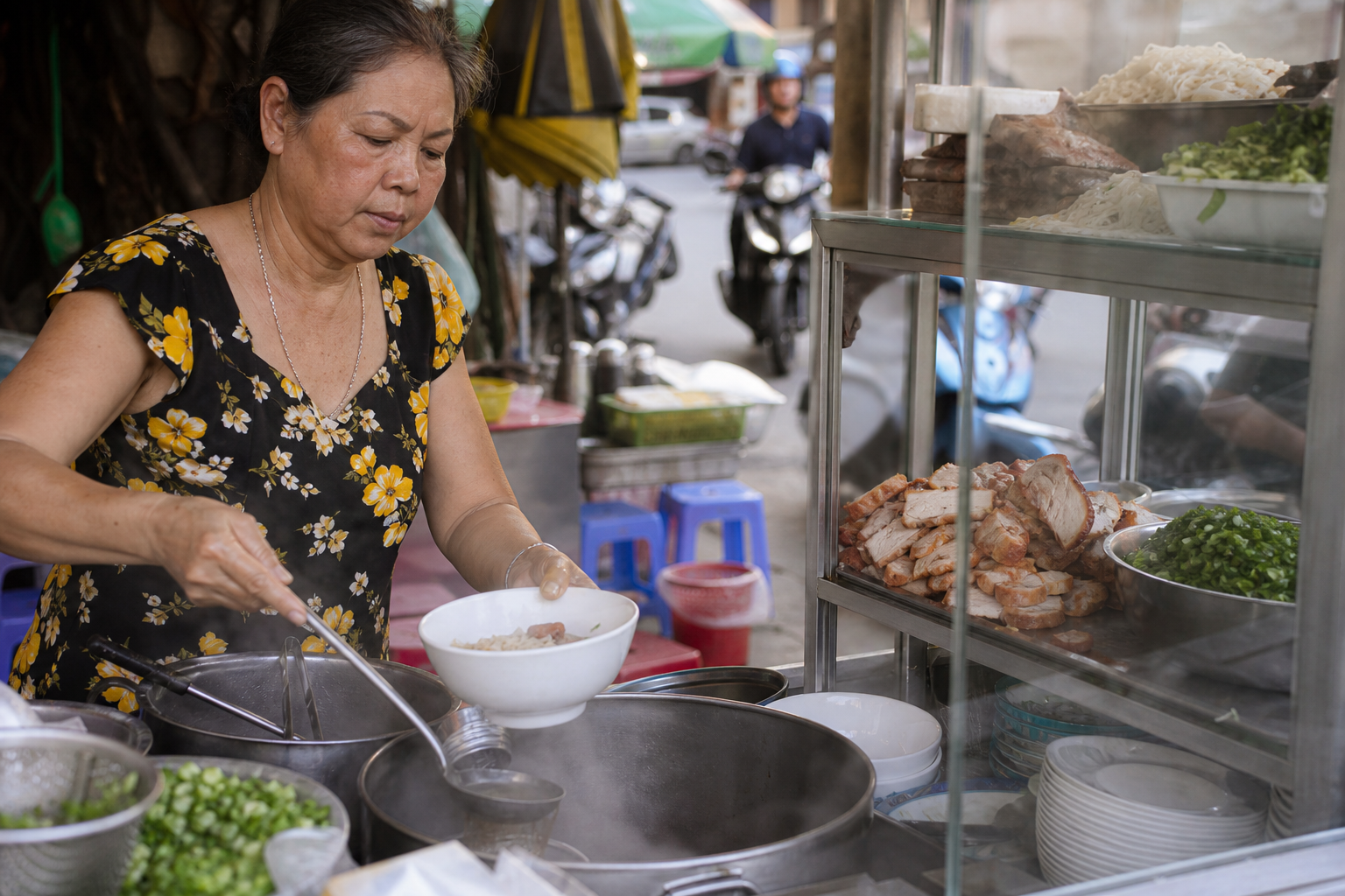 Street food vendor preparing banh mi or pho in Ho Chi Minh City with steam rising and fresh herbs on the stall