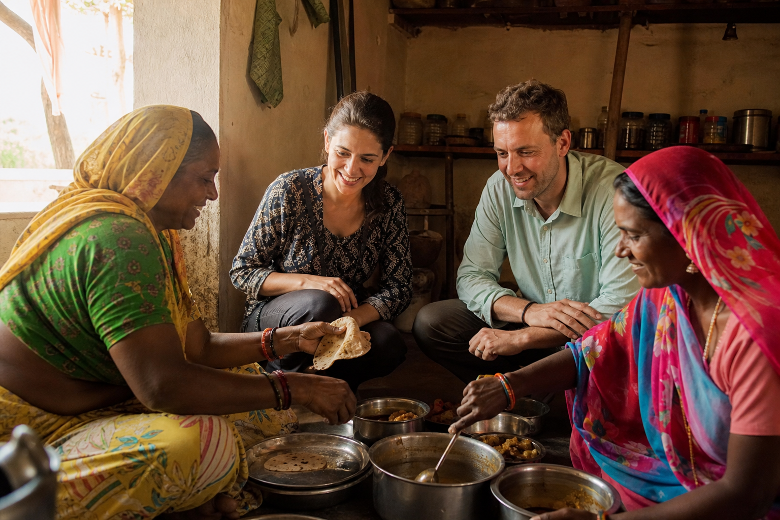 Local India travel experience — homestay family cooking a traditional meal together with warm candid atmosphere