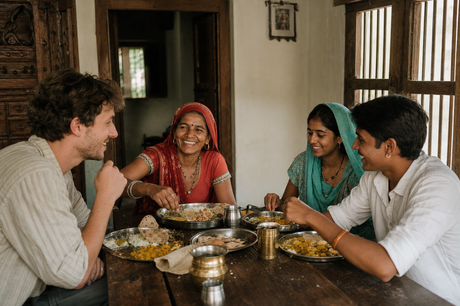 Traveller sharing a home-cooked meal with an Indian host family at a dining table in a traditional rural home