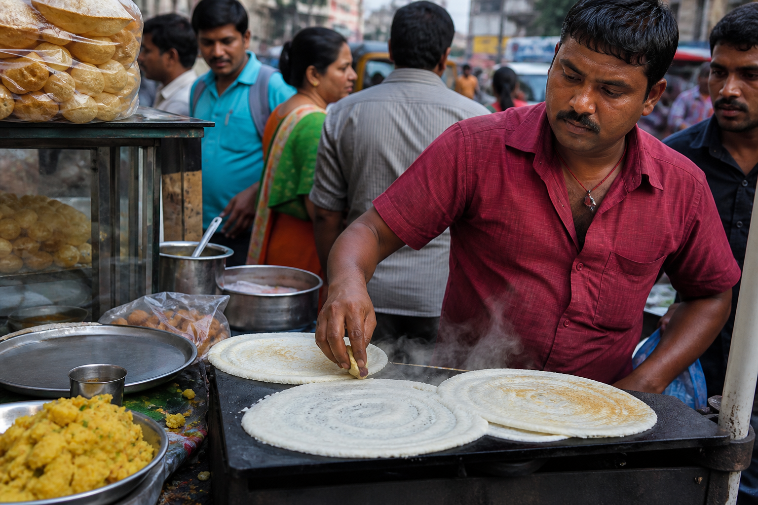 Vibrant Indian street food stall with a vendor preparing fresh dosas or pani puri amid a busy colorful crowd