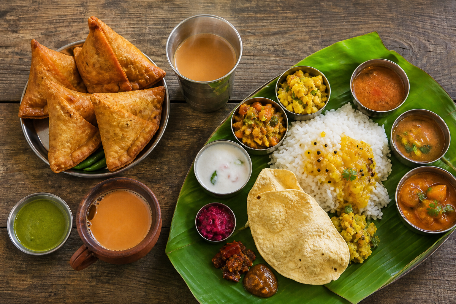 Overhead spread of Indian street food with masala chai, samosas, and a banana-leaf thali illustrating food costs in India