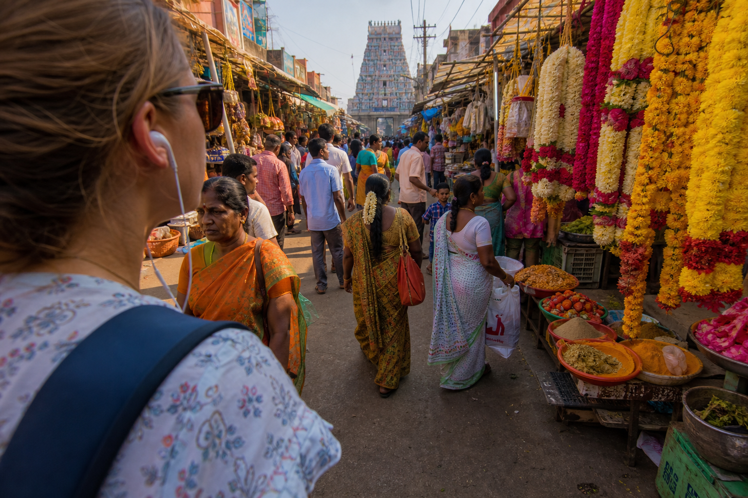 Traveller's eye view of a colourful Indian bazaar and temple street with earphones suggesting audio-guided exploration