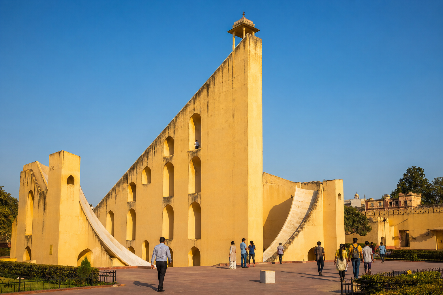 Wide-angle photograph of the Samrat Yantra giant sundial at Jantar Mantar Jaipur with the blue sky in the background conveying scale and historical depth