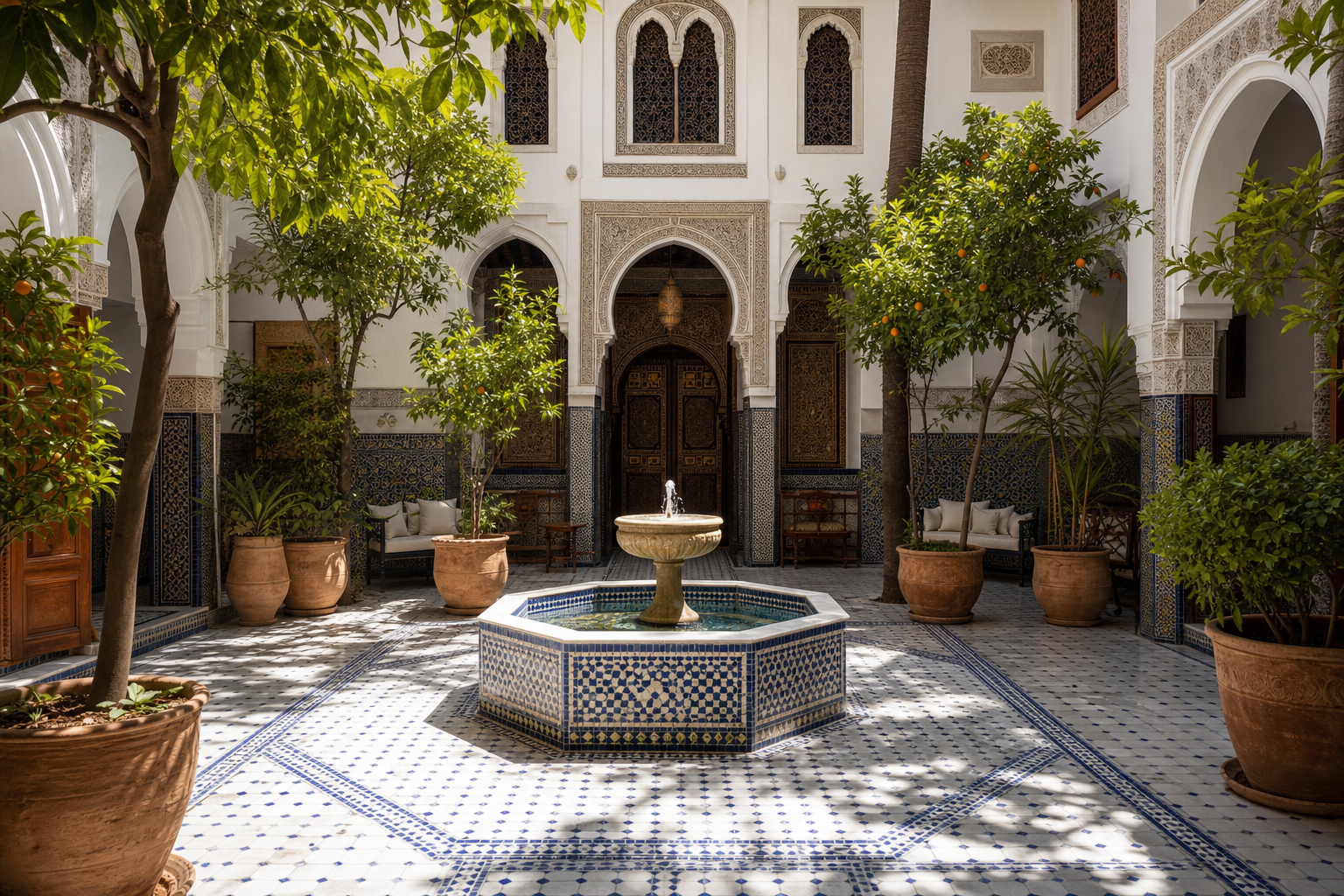 A quiet riad interior courtyard in Marrakech with a central tiled fountain, orange trees, and sunlight casting geometric shadows on Zellige mosaic floors