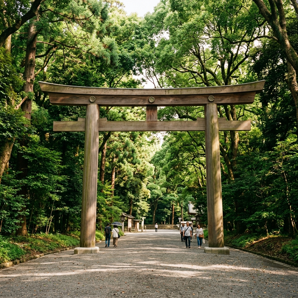 Meiji Shrine torii gate surrounded by a lush forested gravel path in Tokyo Japan