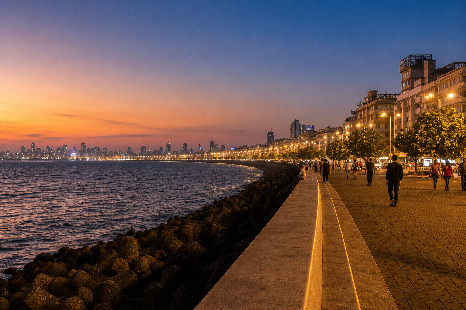Wide shot of Marine Drive at dusk with the curved promenade glowing under streetlights and the Arabian Sea on one side, capturing the Queen's Necklace atmosphere that defines Mumbai sightseeing