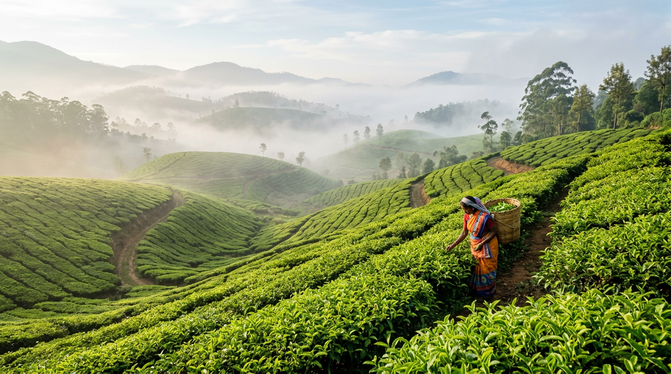 Lush green tea garden rows in Munnar with morning mist hanging low over the hills and a lone tea picker visible in the frame