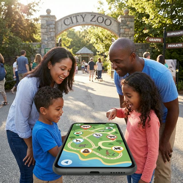 Family engaging with AI-powered zoo audio tours on their smartphones