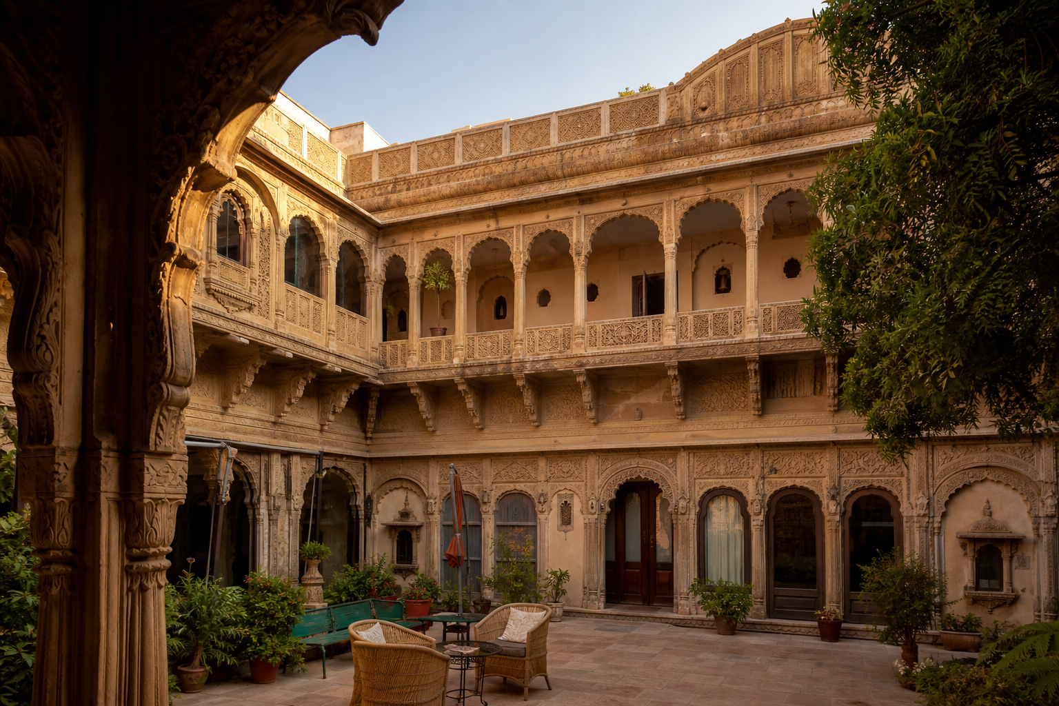 Beautifully restored Rajasthani haveli courtyard with intricate carvings, potted plants, and seating in golden hour light