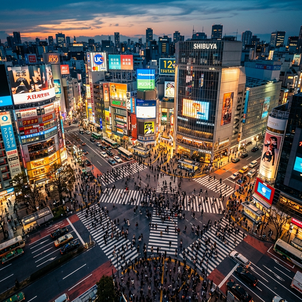 Aerial view of Shibuya Scramble Crossing at dusk with pedestrians and neon signs in Tokyo Japan