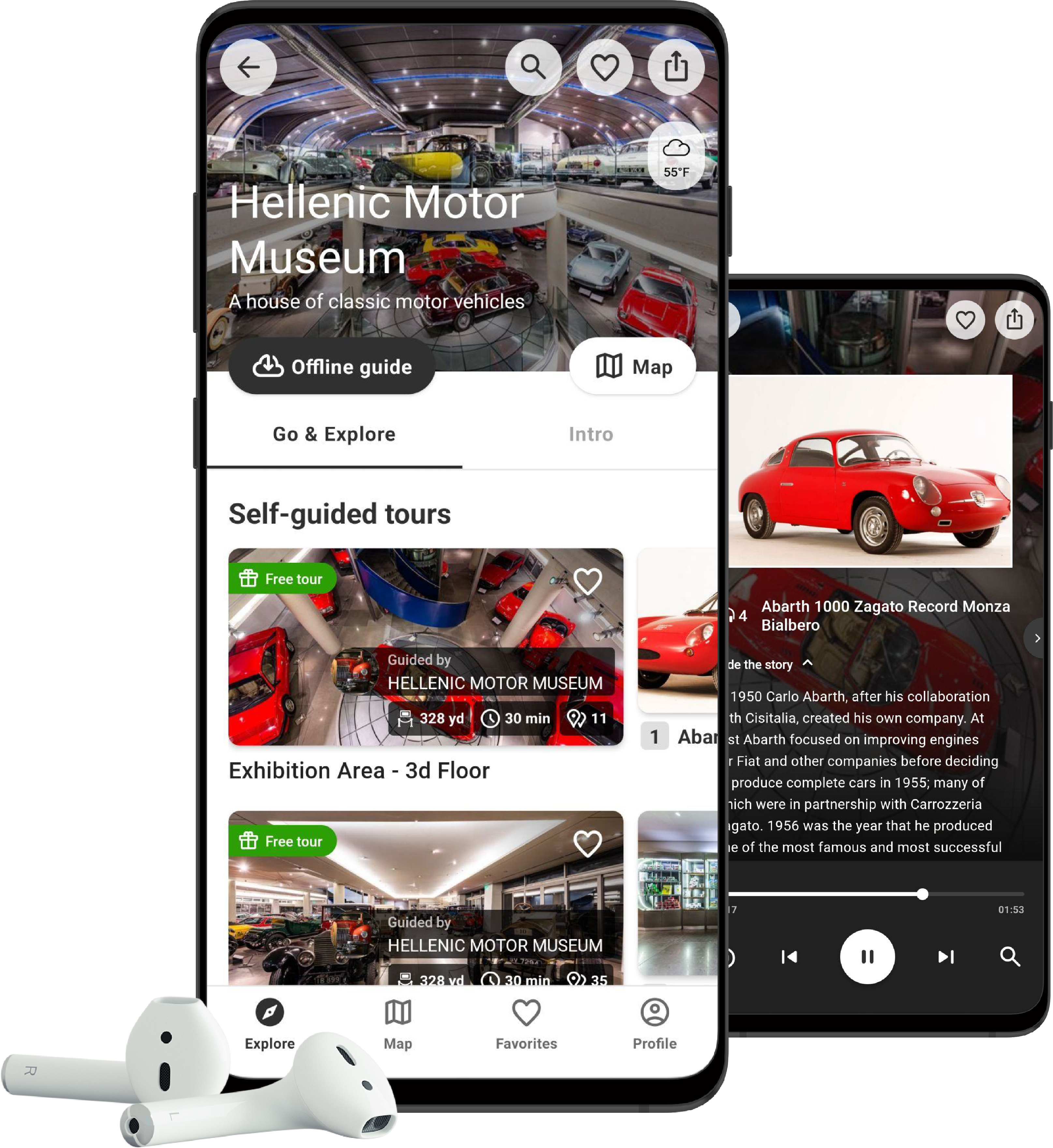 SmartGuide app interface showing museum audio guide features