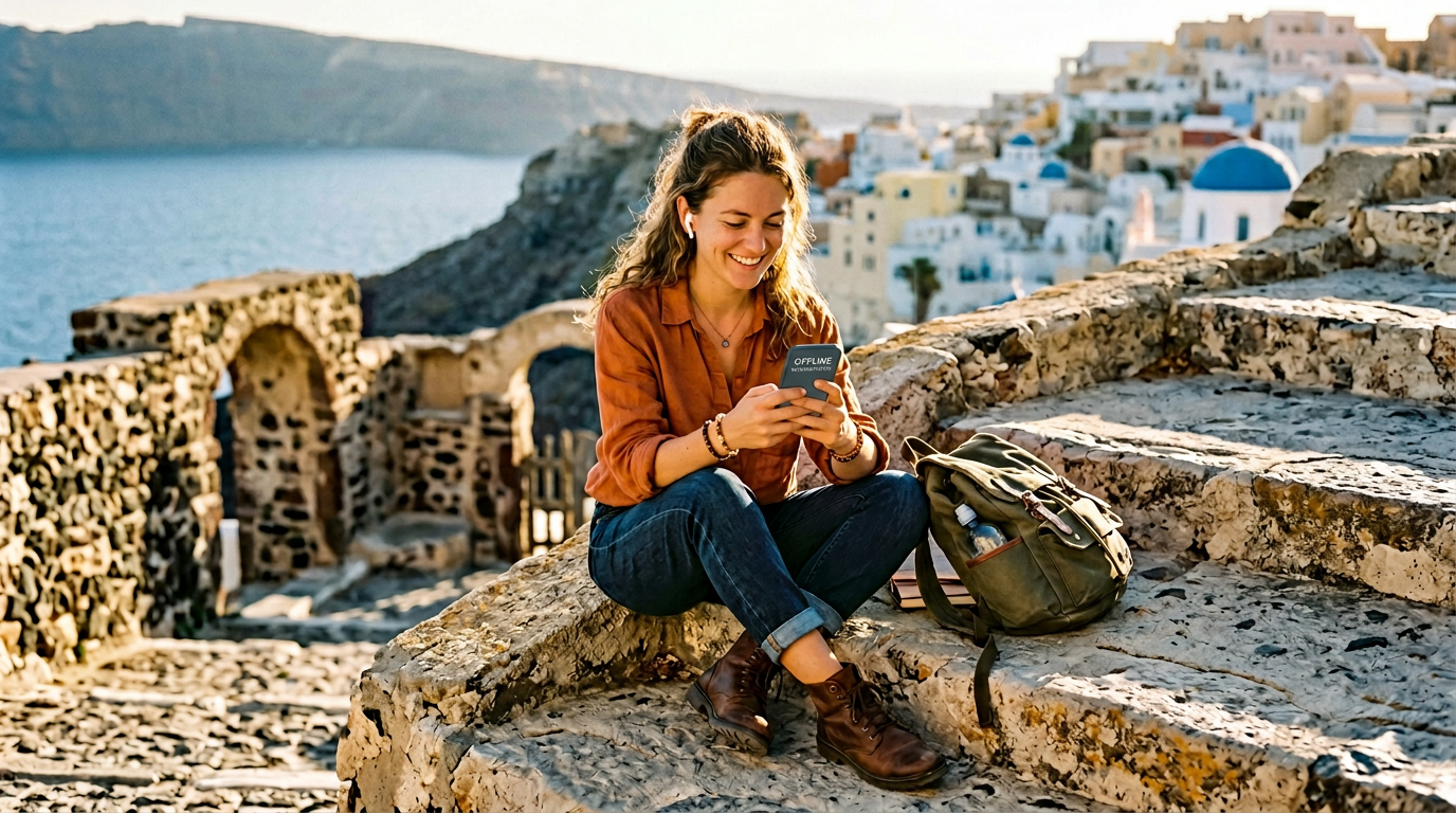 A solo traveler sitting on stone steps of a historical site with earbuds in, smiling at their phone screen while using an offline travel guide app