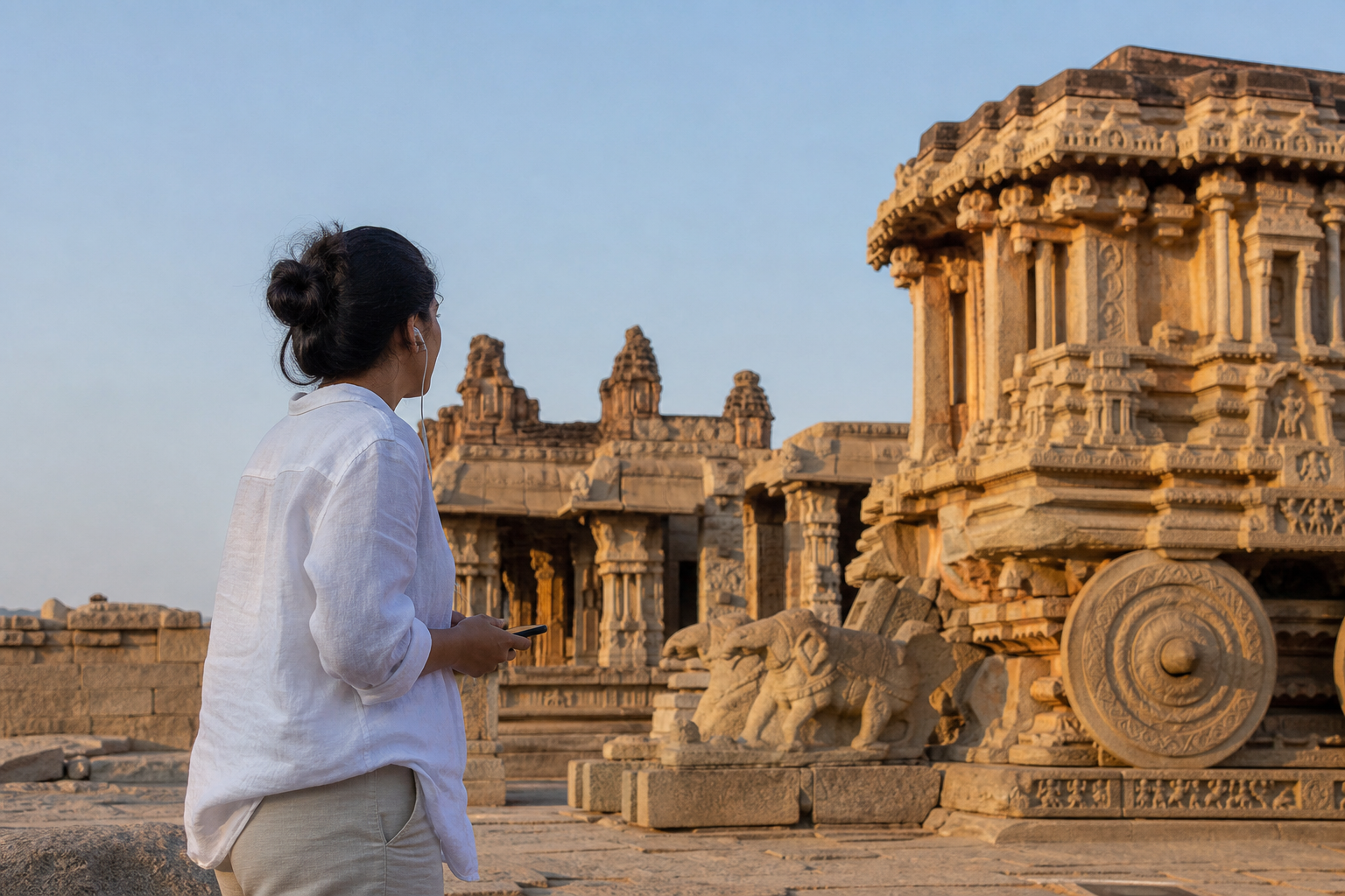Solo traveller with earphones at Hampi ruins exploring independently with a phone audio guide