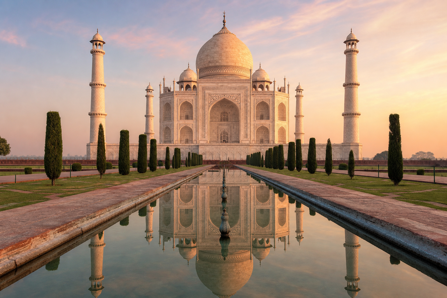 Wide-angle sunrise shot of the Taj Mahal reflecting in the central pool with soft morning light and minimal crowds, capturing both the scale and serenity of the monument