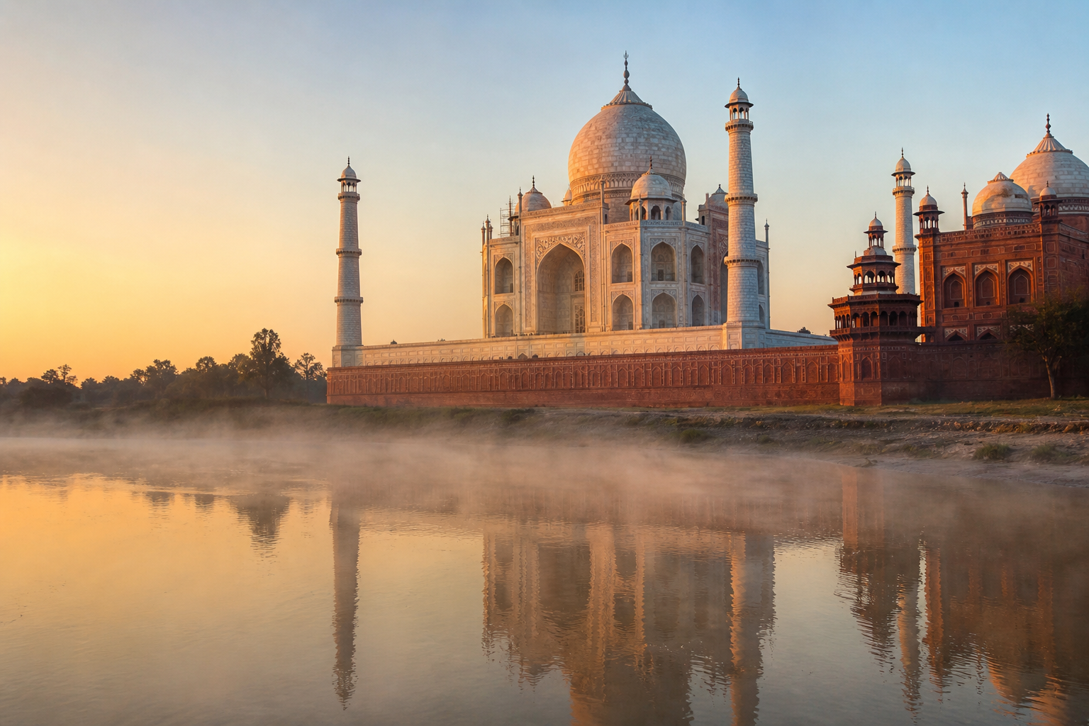 Taj Mahal at sunrise with mist rising off the Yamuna river — a classic India travel experience