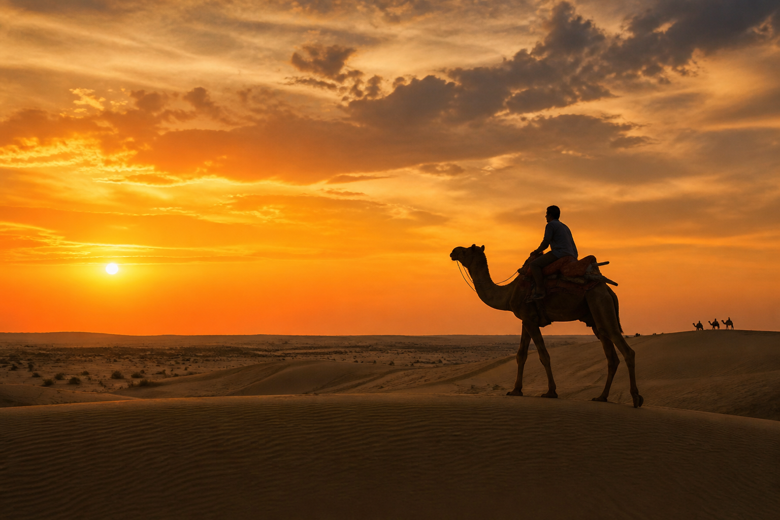 Traveller on a camel at golden hour in the Thar Desert of Rajasthan, showing the diversity of budget travel across India