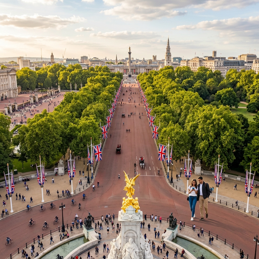 An overhead wide-angle view of The Mall from the Victoria Memorial showing the tree-lined boulevard stretching toward Trafalgar Square with a couple walking and using a smartphone for app-guided navigation