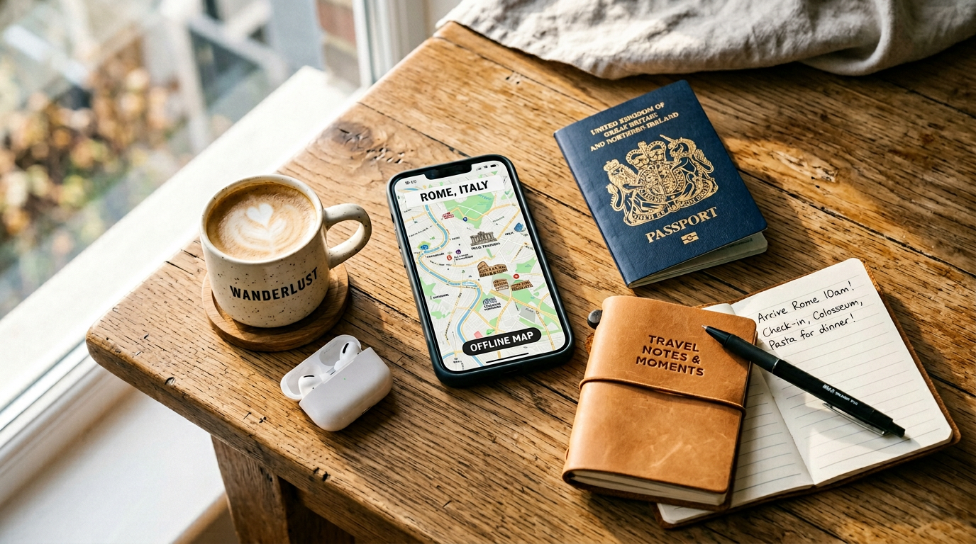 Overhead flat-lay of travel essentials including a smartphone showing a downloaded city map, earbuds, passport, notebook, and coffee on a wooden surface