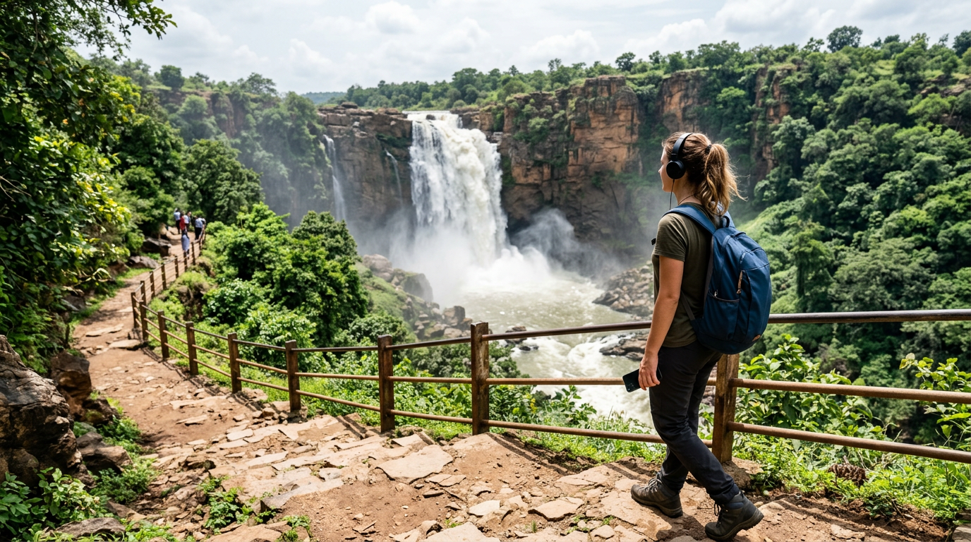 A traveller holding a phone while walking along a scenic path near Gokak Falls wearing earphones and looking at the waterfall with the Gamana AI audio guide