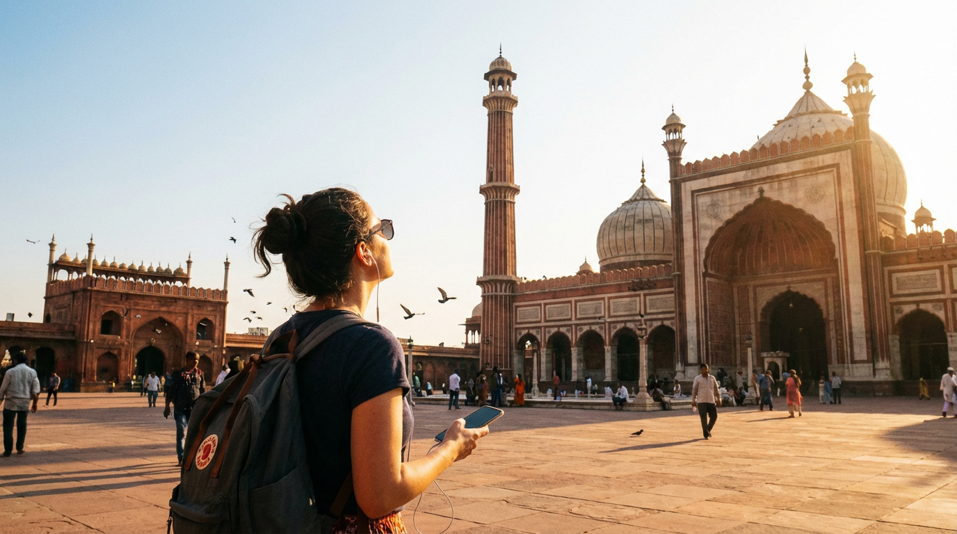 A traveller holding a smartphone with earphones standing in front of the Jama Masjid courtyard looking up at the minarets representing the self guided audio tour experience