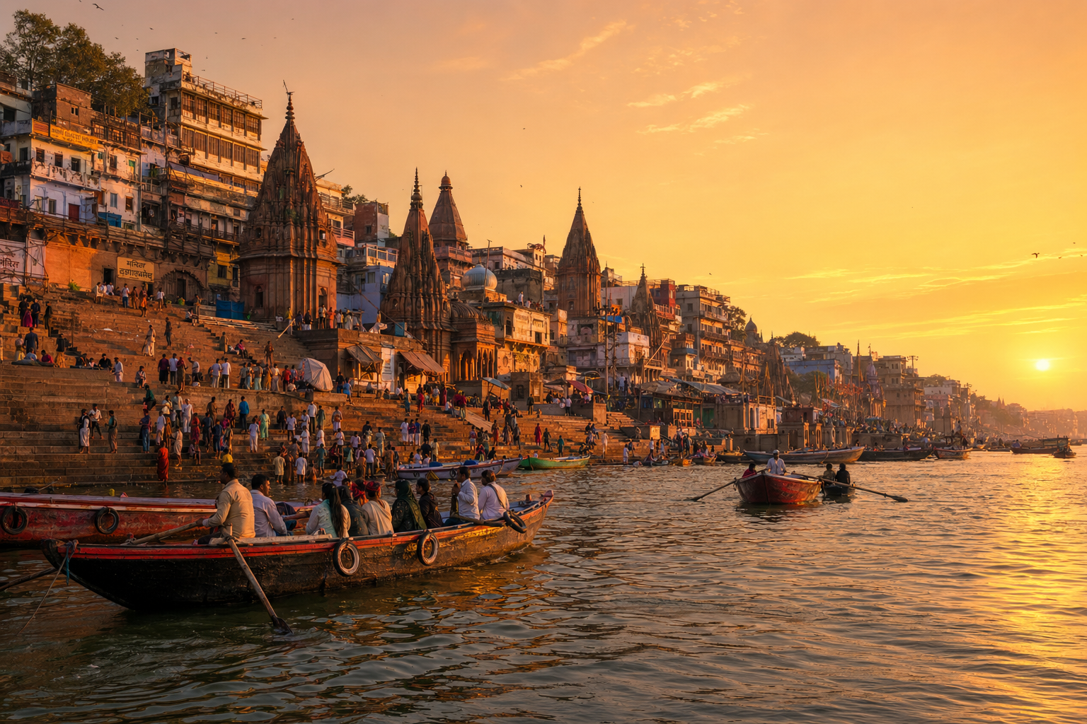 Wide-angle golden hour photograph showing the stretch of Varanasi ghats from the river with boats in the foreground and temple spires rising in the background