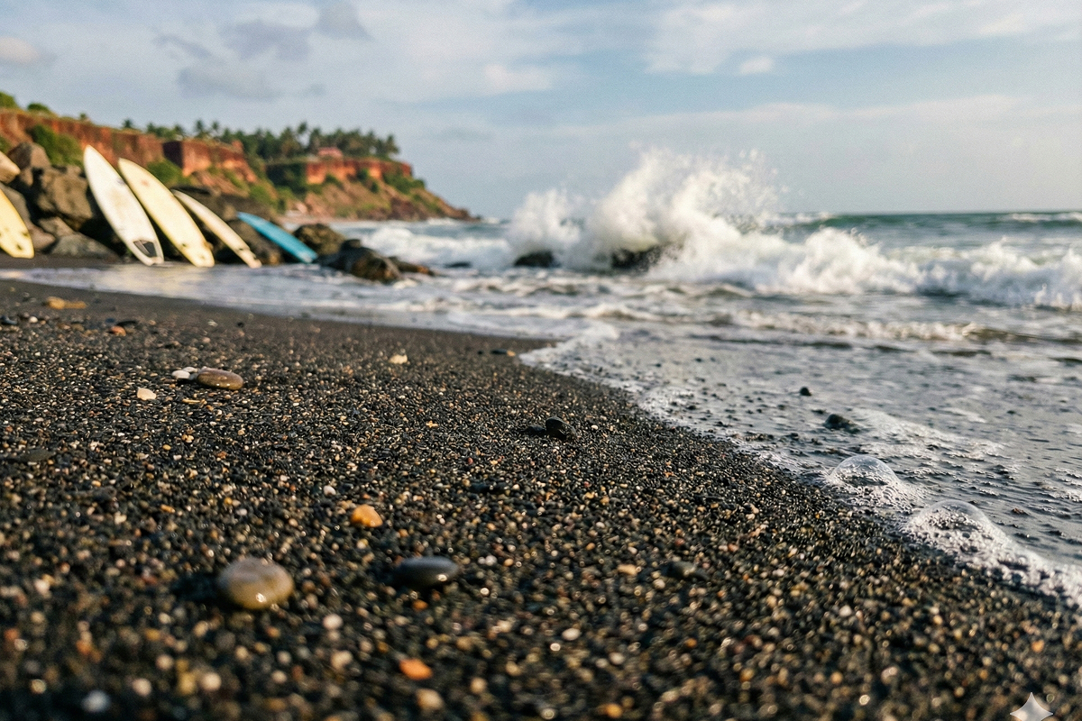 Ground-level view of Varkala's black sand beach with surfboards leaning against rocks, waves crashing, and red laterite cliffs with palm trees in the background