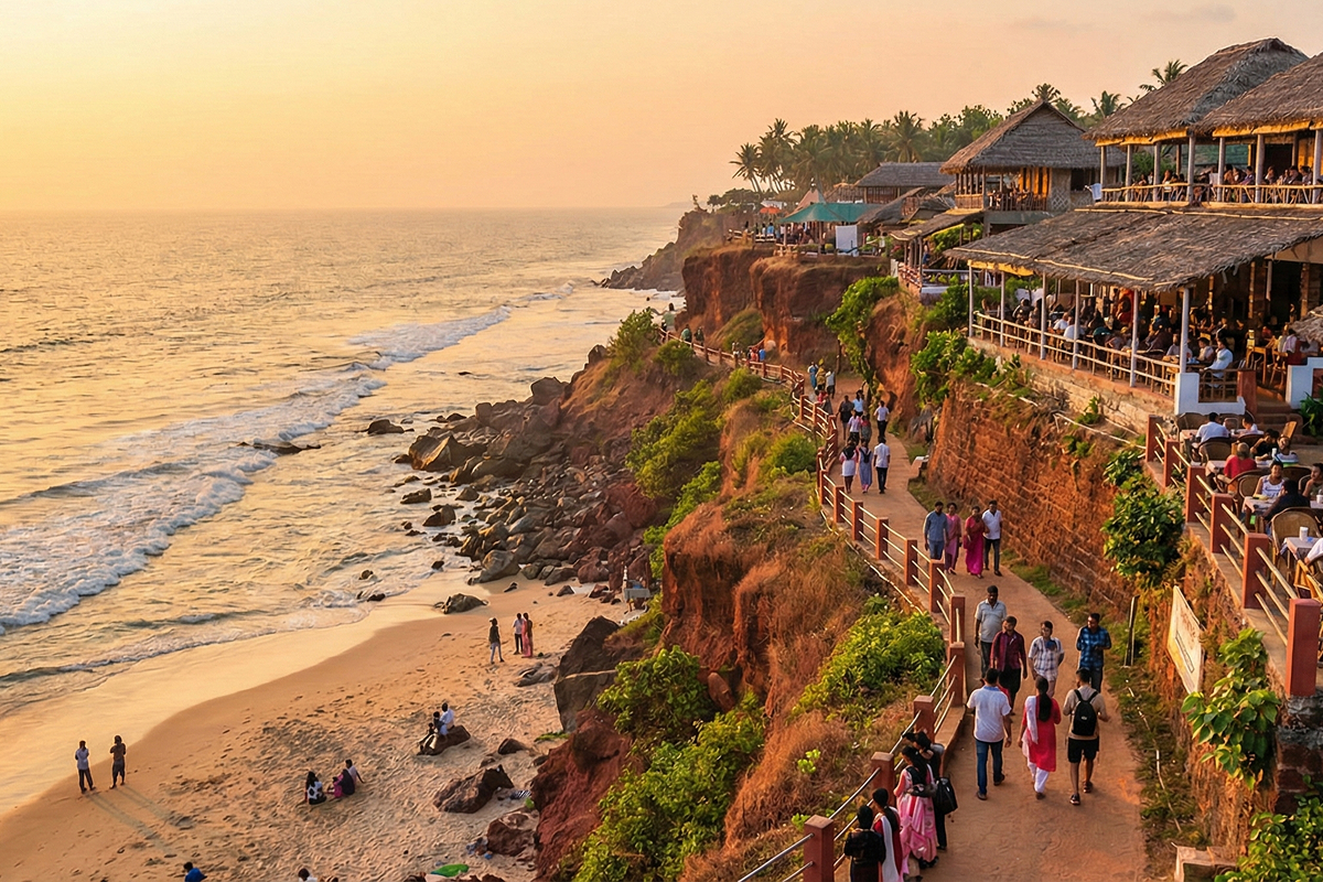 Varkala North Cliff at sunset with tourists walking along the clifftop pathway, red laterite cliffs, beachside cafes with thatched roofs, and waves crashing on the sandy beach below