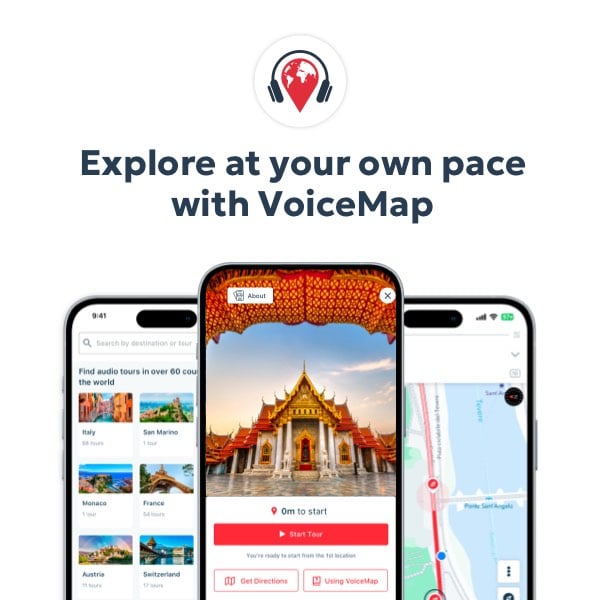 VoiceMap app interface showing GPS audio walking tours