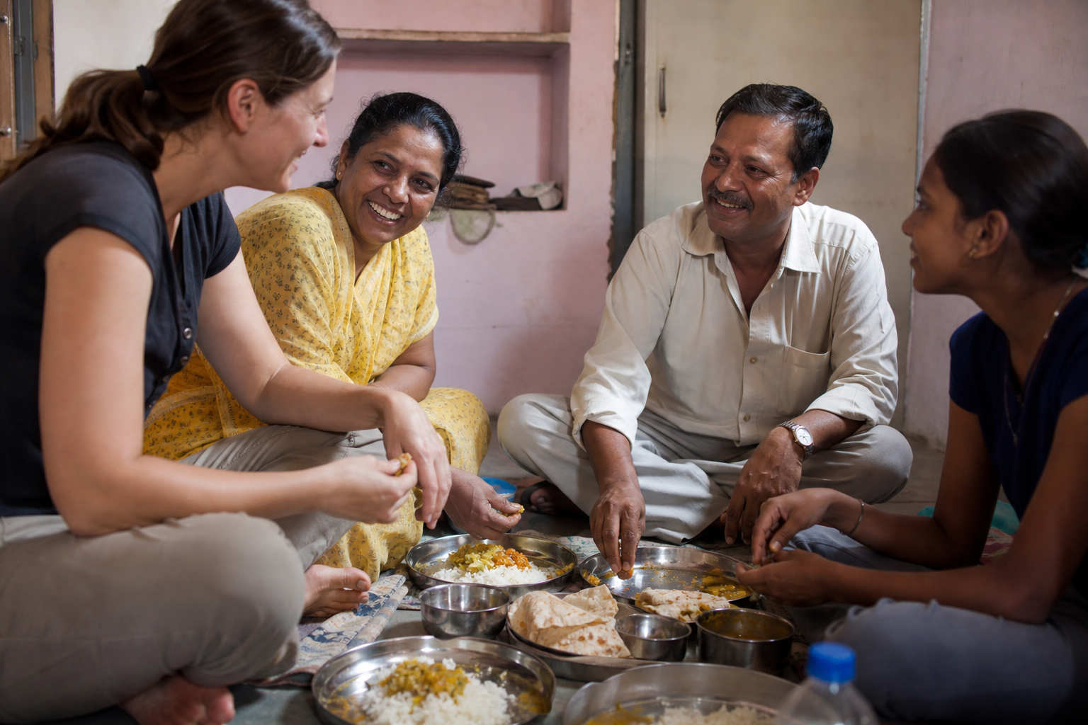 Western traveler sharing a candid meal with an Indian family seated on the floor with steel plates in a modest home